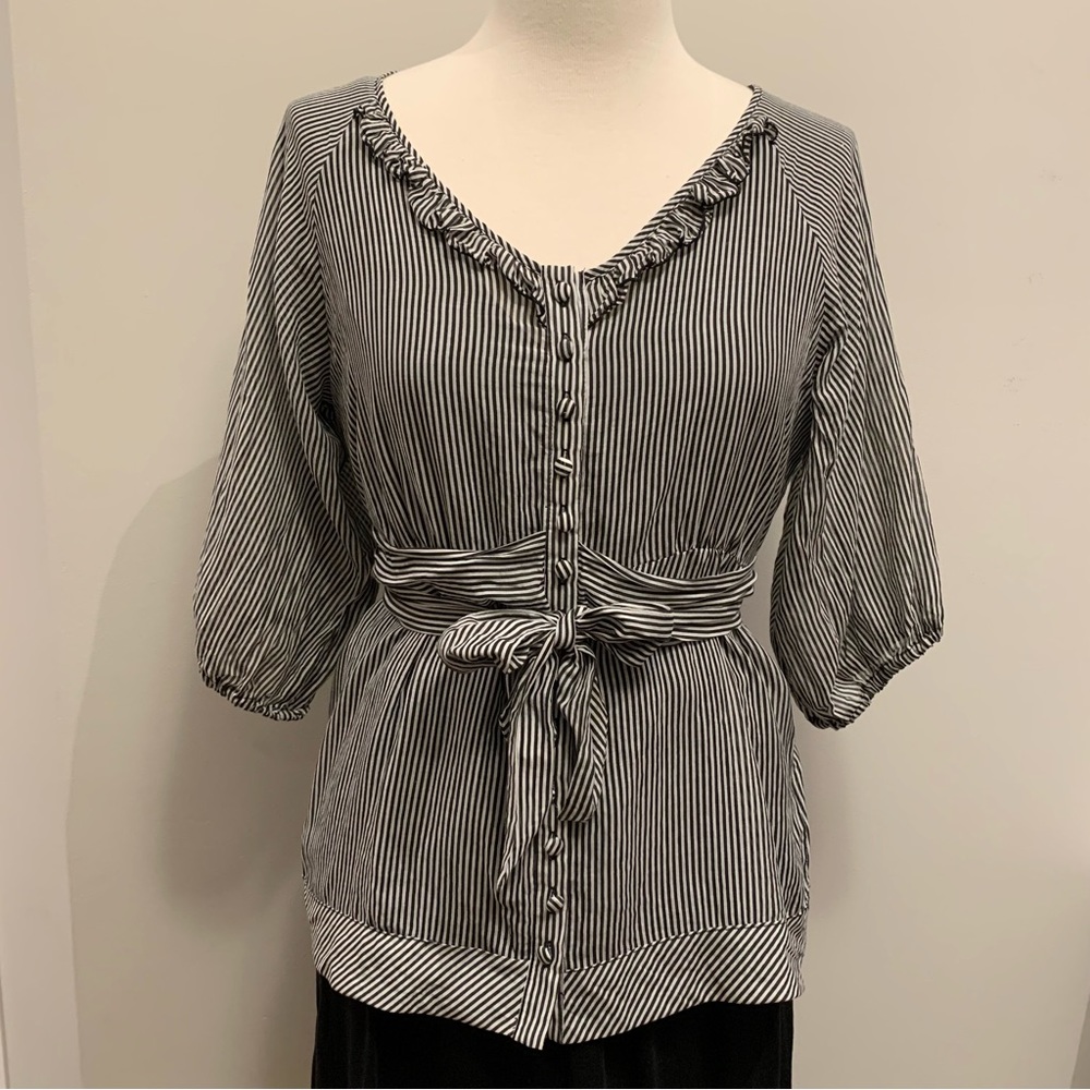 Buffalo Button Down Striped Ruffle Neckline 3/4 Sleeve Stripe Blouse, Medium